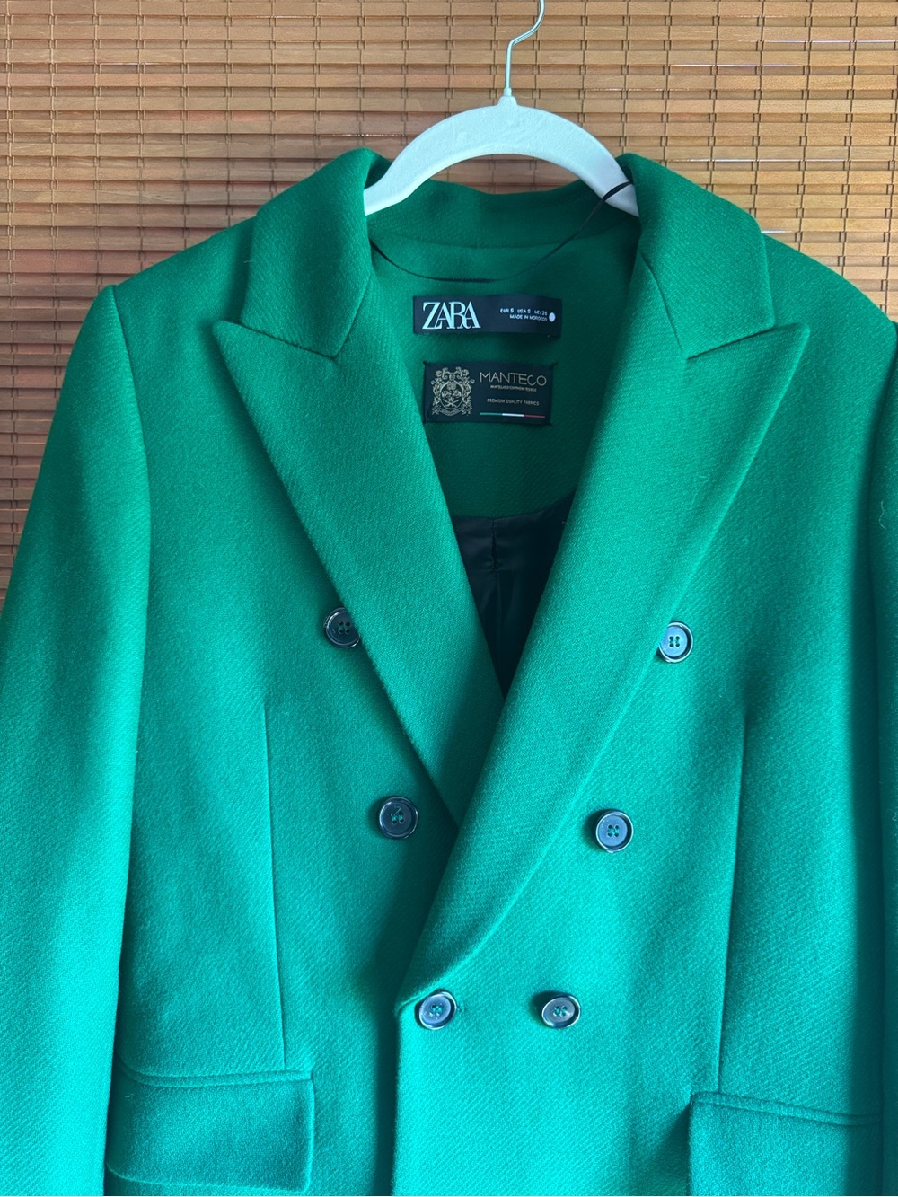 ZARA Women's Double-Breasted Kelly Green Manteco Wool Long Coat Size Small - Picture 5 of 11